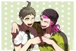  2boys ;d ahoge arm_around_shoulder beanie braid brown_hair dangan_ronpa fist_bump green_eyes hat himduldago hinata_hajime jumpsuit long_hair male_focus multiple_boys necktie one_eye_closed open_mouth pink_eyes pink_hair polka_dot polka_dot_background short_hair simple_background single_braid smile solo souda_kazuichi super_dangan_ronpa_2 upper_body 