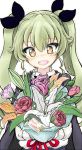  1girl absurdres anchovy bouquet drill_hair flower girls_und_panzer green_hair happy_birthday highres holding_bouquet lily_(flower) minimini open_mouth rose sketch smile solo tears twin_drills white_background yellow_eyes 