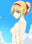  1girl :o alice_margatroid alternate_costume alternate_hairstyle blonde_hair blue_eyes blush breasts clouds from_side hair_ribbon hairband jajao lolita_hairband looking_at_viewer looking_to_the_side medium_breasts ponytail red_ribbon ribbon see-through_silhouette shirt short_hair sky solo touhou triangle_mouth upper_body wet wet_clothes white_shirt 