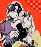  2girls back-to-back breasts chain elbow_gloves facial_mark fate/grand_order fate_(series) gloves headpiece hizuki_mai ibaraki_douji_(fate/grand_order) japanese_clothes jeanne_alter locked_arms long_hair looking_at_viewer multiple_girls oni oni_horns open_mouth red_background red_skin ruler_(fate/apocrypha) ruler_(fate/grand_order) sleeves_past_wrists smile tattoo yellow_eyes 