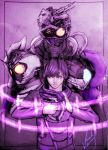  4boys absurdres antennae armor black_hair blue_eyes cable chain chase_(kamen_rider_drive) coat gun helmet highres kamen_rider kamen_rider_chaser kamen_rider_drive_(series) long_sleeves male mashin_chaser multiple_boys multiple_persona proto_drive purple red_eyes scarf short_hair signature vaeedo violet_eyes weapon 