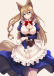  1girl :o animal_ears apron bangs blonde_hair blue_dress blue_eyes blush bow bowtie breasts brown_hair cleavage corset cowboy_shot dress eyebrows eyebrows_visible_through_hair fox_ears fox_girl fox_tail haik hair_between_eyes head_tilt highres juliet_sleeves large_breasts long_hair long_sleeves looking_at_viewer maid maid_apron original puffy_sleeves red_bow red_bowtie scrunchie solo tail waist_apron 