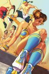  2boys 3girls bikini breasts brown_hair chun-li double_bun eating food hair_bun hat ice_cream male_swimwear multiple_boys multiple_girls pompadour robert_porter sitting skateboard skates smile socks street_fighter swim_trunks swimsuit swimwear yang_lee yun_lee 