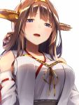  1girl absurdres ahoge baffu bangs bare_shoulders blue_eyes blush breasts brown_hair commentary_request detached_sleeves double_bun hairband headgear highres japanese_clothes kantai_collection kongou_(kantai_collection) large_breasts long_hair looking_at_viewer nontraditional_miko open_mouth ribbon-trimmed_sleeves ribbon_trim simple_background solo white_background 