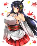  1girl bare_shoulders black_hair breasts en_(paorasuteki) fusou_(kantai_collection) kantai_collection large_breasts leaf long_hair red_eyes simple_background smile solo white_background 