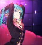  1girl alternate_hairstyle aqua_hair arms_up black_bra black_jacket blue_eyes bow bra butterfly_hair_ornament closed_mouth couch hair_ornament hakusai_(tiahszld) hatsune_miku jacket long_hair looking_at_viewer looking_to_the_side pink_bow project_diva project_diva_f side_glance smile solo sparkle sweet_devil_(vocaloid) underwear upper_body vocaloid 