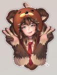  1girl :q ahoge animal_ears barb-tan bear_ears bear_hood blonde_hair blue_eyes borrowed_character brown_fur brown_hair claws double_v fang_out fur gradient_hair head_tilt heart heart-shaped_pupils highres honey looking_at_viewer lucky_clover_(luckyxclover) multicolored_hair necktie original paws signature simple_background solo symbol-shaped_pupils tongue tongue_out two-tone_hair upper_body v 