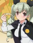  1girl anchovy cheese_trail drill_hair eating food girls_und_panzer green_hair holding holding_food katatsuka_kouji long_sleeves looking_at_viewer military military_uniform necktie pizza red_eyes solo twin_drills uniform 