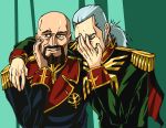  2boys aiguille_delaz anavel_gato bald beard eli_mintzer epaulettes facial_hair gundam gundam_0083 laughing meme military military_uniform multiple_boys parody ponytail reaction uniform white_hair young_women_laughing_in_photo_booth zeon 