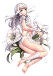  1girl aqua_eyes aruma_jiki ass au_ra bangs barefoot final_fantasy final_fantasy_xiv flower full_body horns lily_(flower) long_hair looking_at_viewer scales silver_hair simple_background solo tail toes water water_drop white white_background 