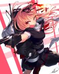  1girl :d black_gloves black_ribbon black_serafuku black_skirt blew_andwhite blonde_hair breasts brown_shoes fang fingerless_gloves fire gloves gradient_hair gun hair_flaps hair_ornament hair_ribbon hairclip highres holding holding_gun holding_weapon kantai_collection loafers long_hair looking_at_viewer machinery medium_breasts multicolored_hair neckerchief open_mouth pleated_skirt red_eyes remodel_(kantai_collection) ribbon scarf school_uniform serafuku shoes short_sleeves signature skirt smile solo straight_hair torpedo turret weapon white_scarf yuudachi_(kantai_collection) 