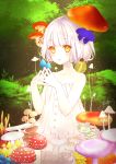  1girl ahira_yuzu artist_name blush closed_mouth commentary_request dress fern forest frown grass hands_together highres layered_dress mushroom nature orb original signature solo strapless strapless_dress white_dress white_hair yellow_eyes 