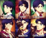  1boy age_progression blue_hair blurry chocolate_bar clenched_hand clouds fingerless_gloves food food_on_face formal gloves green_eyes jojo_no_kimyou_na_bouken jonathan_joestar male_focus multiple_persona multiple_views shiron_(shiro_n) sky smile sweater_vest translated 