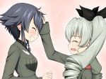  2girls ^_^ ^o^ anchovy black_hair black_ribbon black_shirt blush braid breasts closed_eyes drill_hair eyebrows eyebrows_visible_through_hair girls_und_panzer green_hair grey_jacket hair_between_eyes hair_ornament hair_ribbon hand_in_hair hand_on_another&#039;s_head hand_on_head happy height_difference long_hair military military_uniform multiple_girls open_mouth pepperoni_(girls_und_panzer) petting pink_background red_eyes ribbon ruka_(piyopiyopu) shirt short_hair side_braid simple_background smile twin_drills twintails uniform 
