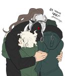  3boys closed_eyes coat cow_mask dangan_ronpa dangan_ronpa_3 dark_skin formal fur_trim great_gozu green_hair height_difference himduldago hood hood_down hug komaeda_nagito korean multiple_boys muscle sakakura_juuzou simple_background smile suit super_dangan_ronpa_2 translation_request twitter_username upper_body white_background wrestling_mask 