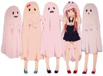  1girl :3 :o aqua_shoes black_skirt blue_eyes bow brown_hair ghost ghost_costume halloween kise_(swimmt) lineup long_hair long_sleeves open_mouth original purple_shoes red_bow red_shoes shoes simple_background skirt solid_oval_eyes 