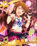  1girl armlet artist_request blue_eyes bracelet brown_hair character_name clothes_around_waist earrings idolmaster idolmaster_million_live! jewelry long_hair microphone midriff musical_note necktie one_eye_closed signature solo sweater_around_waist thigh-highs tokoro_megumi wristband 