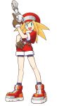  1girl bike_shorts blonde_hair boots full_body gloves green_eyes hand_on_hip hat highres holding long_hair official_art open_mouth red_shorts rockman rockman_dash roll_caskett short_sleeves shorts sidelocks simple_background smile solo white_background 