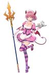  1girl artist_request breasts character_request choker cleavage copyright_request cup demon_girl demon_horns demon_tail demon_wings dress full_body gloves headdress highres holding holding_weapon horns large_breasts leg_lift parted_lips pink_hair polearm short_hair short_sleeves skirt solo spear striped striped_legwear tail teacup teapot thigh-highs tray violet_eyes weapon white_background wings 