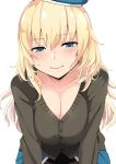  1girl atago_(kantai_collection) beret blonde_hair blue_eyes blush breasts cardigan cleavage collarbone commentary_request eyebrows eyebrows_visible_through_hair gradient_hair hair_between_eyes hat kantai_collection large_breasts long_hair looking_at_viewer multicolored_hair nuko_(mikupantu) shiny shiny_hair shiny_skin simple_background skirt smile solo white_background 