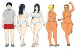  1boy 2girls ass belly black_hair blonde_hair blue_eyes bracelet breasts butt_crack cleavage dark_skin dimples_of_venus jewelry large_breasts leopard_print long_hair multiple_girls plump short_hair shorts simple_background skindentation sunglasses synecdoche thick_thighs thighs white_background 