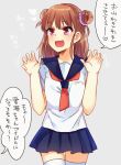  1girl :d blush brown_hair double_bun groping_motion idolmaster idolmaster_cinderella_girls munakata_atsumi open_mouth school_uniform smile solo thigh-highs translation_request usameruti violet_eyes zettai_ryouiki 