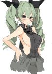  1girl anchovy araki_kanao blush breasts drill_hair girls_und_panzer green_hair hair_ribbon large_breasts long_hair red_eyes ribbon sideboob simple_background sketch solo twin_drills white_background 