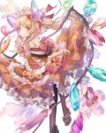  bare_shoulders blonde_hair butterfly_hair_ornament choker commentary_request dress flandre_scarlet flower gem hair_ornament heart highres pantyhose red_dress red_eyes ribbon rose side_ponytail simple_background torino_akua touhou white_background 