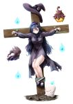  1girl 3: =_= banette black_hair black_shoes blue_fire breasts character_name closed_mouth cross crucifix crucifixion dress fire frown full_body hair_between_eyes hairband hat hat_removed headwear_removed hex_maniac_(pokemon) highres hitodama impossible_clothes impossible_dress litwick long_hair long_sleeves looking_at_another mary_janes medium_breasts parsue poke_ball pokemon pokemon_(creature) pumpkaboo red_eyes shoes very_long_hair white_background witch_hat zipper 