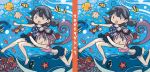  2girls afloat ahoge akebono_(kantai_collection) angelfish arms_around_waist bikini bikini_bottom bikini_skirt bikini_top black_hair coral crab diving_mask_on_head dolphin fish floating_hair holding_breath kantai_collection medal multiple_girls open_mouth otoufu polka_dot polka_dot_swimsuit purple_hair scrunchie sea_anemone side_ponytail sketch spot_the_differences starfish swimsuit translation_request underwater ushio_(kantai_collection) wrist_scrunchie 