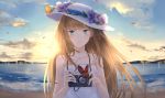  1girl bare_shoulders beach blonde_hair blue_eyes blue_sky butterfly camera clouds commentary hat kachiino long_hair looking_at_viewer mountain original petals sky sleeveless smile solo tears 