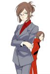  1boy 1girl aimai-me brother_and_sister brown_eyes brown_hair formal genderswap genderswap_(mtf) glasses hair_up persona persona_2 siblings sidelocks suit suou_katsuya suou_tatsuya sweatdrop 