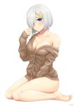  1girl alternate_costume bare_shoulders blue_eyes breasts cardigan cleavage eyes_visible_through_hair hair_ornament hair_over_one_eye hairclip hamakaze_(kantai_collection) highres kantai_collection off_shoulder short_hair silver_hair simple_background sitting solo wariza white_background yurashima 