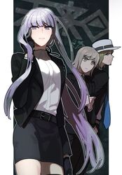  1girl 2boys black_gloves blue_eyes boater_hat brown_eyes brown_hair dangan_ronpa dangan_ronpa_3 dated formal gloves green_necktie himduldago jacket kirigiri_kyouko kizakura_kouichi lavender_eyes lavender_hair looking_afar mitarai_ryouta multiple_boys necktie open_clothes open_jacket skirt skirt_suit suit thigh-highs 