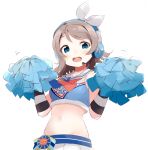  1girl blue_eyes blush breasts brown_hair cheerleader crop_top hair_ribbon headset looking_at_viewer love_live! love_live!_sunshine!! midriff navel open_mouth pom_poms ribbon short_hair simple_background skirt sleeveless smile solo upper_body watanabe_you white_background 
