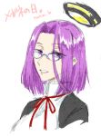  1girl artist_name bespectacled blue-framed_eyewear glasses kantai_collection looking_at_viewer mechanical_halo purple_hair red_ribbon ribbon simple_background sketch solo tatsuta_(kantai_collection) tsukimi_50 tsurime upper_body violet_eyes white_background 