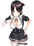  1girl bangs black_hair breasts cleavage kfr long_hair looking_at_viewer maid original parted_bangs red_eyes side_ponytail simple_background smile solo thigh-highs white_background white_legwear wrist_cuffs zettai_ryouiki 