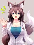  1girl ahoge animal_ears blue_eyes blush breasts brown_hair fang fox_ears fox_girl fox_tail hair_between_eyes highres jacket large_breasts open_mouth original sketch smile solo sukemyon tail track_jacket unzipped upper_body waving 