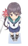  akebono_(kantai_collection) arms_behind_back bell black_legwear blue_skirt blush coupon_(skyth) flower from_above gloves hair_bell hair_flower hair_ornament jingle_bell kantai_collection kneehighs long_hair looking_at_viewer looking_up pleated_skirt pov_hands purple_hair school_uniform serafuku short_sleeves side_ponytail skirt solo_focus very_long_hair violet_eyes white_gloves 