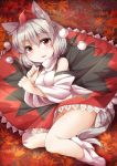 1girl animal_ears autumn_leaves bare_shoulders blush breasts detached_sleeves fun_bo hat inubashiri_momiji leaf no_panties open_mouth pom_pom_(clothes) red_eyes short_hair silver_hair solo tail tokin_hat touhou wide_sleeves wolf_ears wolf_tail 