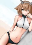  1girl alternate_costume arm_behind_back bare_legs bare_shoulders breasts brown_hair commentary_request finger_to_face green_eyes hair_between_eyes headgear highres honeusagi kantai_collection looking_at_viewer mutsu_(kantai_collection) navel shadow shiny shiny_clothes shiny_skin short_hair simple_background smile solo zipper 