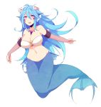  1girl aqua_hair bandeau bikini breasts bridal_gauntlets cleavage elbow_gloves facial_mark fingerless_gloves fins gills gloves head_fins highres large_breasts long_hair looking_at_viewer mermaid monster_girl navel o-ring_top open_mouth oppai_751 original pink_eyes scales shell solo swimsuit 
