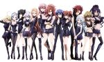  6+girls absurdres ahoge akuma_no_riddle asymmetrical_legwear azuma_tokaku banba_mahiru barefoot belt black_dress black_eyes black_gloves black_hair black_legwear black_shirt black_shorts black_skirt blue_eyes blue_hair bodysuit boots breasts brown_eyes brown_hair cleavage cleavage_cutout collar collarbone contrapposto crossed_arms detached_sleeves dress drill_hair fingerless_gloves fingernails flat_chest glasses gloves grin groin hair_between_eyes hair_ornament hanabusa_sumireko hand_on_another&#039;s_head hand_on_hip hashiri_nio high_ponytail highres holding holding_hands ichinose_haru interlocked_fingers inukai_isuke kaminaga_kouko kenmochi_shiena kirigaya_hitsugi knee_boots large_breasts locked_arms long_hair maid_headdress medium_breasts midriff miniskirt multiple_girls namatame_chitaru navel one_eye_closed open_clothes open_mouth open_shorts pantyhose pink_hair pleated_skort ponytail red_eyes sagae_haruki scarf scissors shirt short_hair short_shorts short_twintails shorts shutou_suzu silver_hair skirt smile socks strapless strapless_dress takechi_otoya thigh-highs thigh_boots tongue transparent_background twin_drills twintails two_side_up unzipped yellow_eyes zipper 