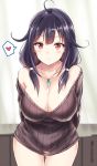  1girl ahoge bare_shoulders blush breasts hair_flaps heart kantai_collection large_breasts long_hair low_twintails magatama naked_sweater purple_hair red_eyes ribbed_sweater solo spoken_heart sweater taigei_(kantai_collection) takaharu twintails twitter_username 