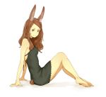  1girl animal_ears arm_support barefoot brown_eyes brown_hair bunny_tail closed_mouth dress from_side full_body looking_at_viewer mgg_(x_arte) original rabbit_ears simple_background sitting sleeveless sleeveless_dress smile solo tail white_background 