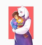  1girl androgynous blush boots brown_hair carrying closed_eyes fangs flower flower_pot flowey_(undertale) frisk_(undertale) horns italoo_taina monster_girl plant potted_plant robe smile striped striped_sweater sweater toriel undertale 