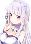  1girl bangs bare_shoulders braid breasts cleavage closed_mouth crown_braid crystal elf emilia_(re:zero) eyebrows eyebrows_visible_through_hair eyelashes fingernails flower hair_flower hair_ornament hair_ribbon highres long_hair looking_at_viewer medium_breasts pointy_ears purple_ribbon re:zero_kara_hajimeru_isekai_seikatsu ribbon silver_hair simple_background smile solo tofu1601 upper_body violet_eyes white_background 