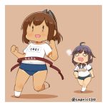  2girls breasts breath brown_hair buruma capriccyo chibi gym_uniform hair_flaps i-401_(kantai_collection) kantai_collection long_hair low_twintails multiple_girls one-piece_swimsuit one-piece_tan open_mouth ponytail purple_hair racing running school_swimsuit shirt short_hair short_ponytail smile sweat swimsuit swimsuit_under_clothes taigei_(kantai_collection) tan tanline twintails twitter_username 