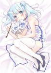  1girl :o bed_sheet blue_eyes china_dress chinese_clothes double_bun dress fan floral_print highres holding kuuki_shoujo light_blue_hair long_hair lying on_side pelvic_curtain pipe side_slit sleeveless solo the_personfication_of_atmosphere thigh-highs twintails white white_legwear 