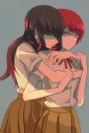  2girls black_hair dangan_ronpa dangan_ronpa_3 freckles green_eyes hug hug_from_behind koizumi_mahiru long_hair multiple_girls redhead satou_(dangan_ronpa) school_uniform short_hair 